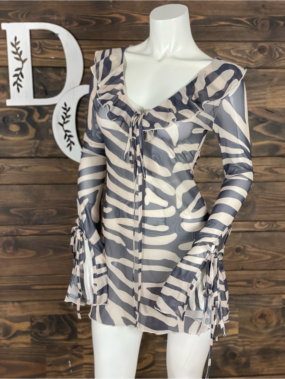 SHEIN‎ | Silquee Navy & Beige Sheer Mesh Zebra-Print Tie-Front Mini Dress Ruffle